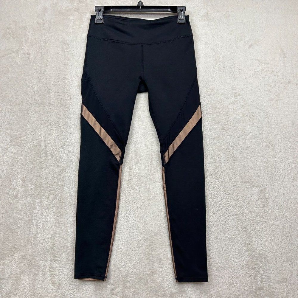 Fabletics Womens Mid-Rise Mesh Powerhold Cropped Capri Leggings Black Gold Sz S